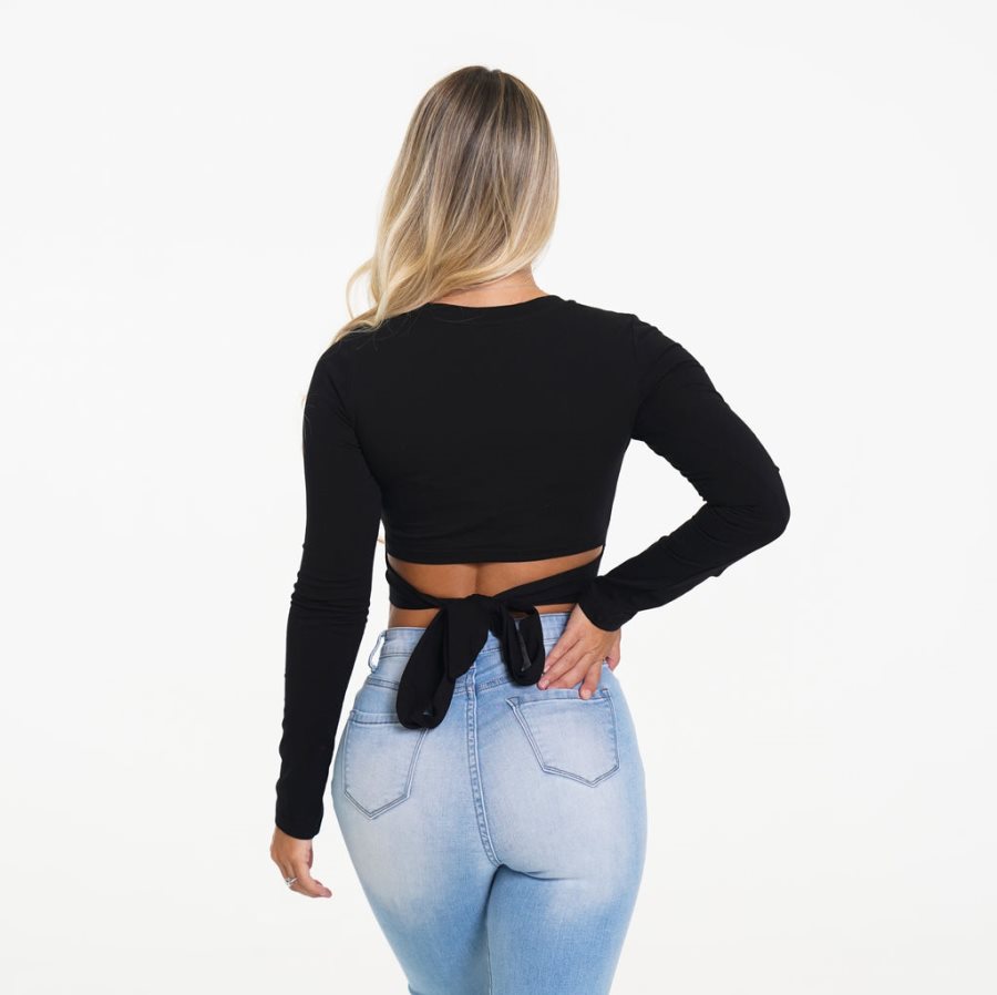 Tops NVGTN Wrap Around Long Sleeve Crop Mujer Negras España | qEnDdsPW