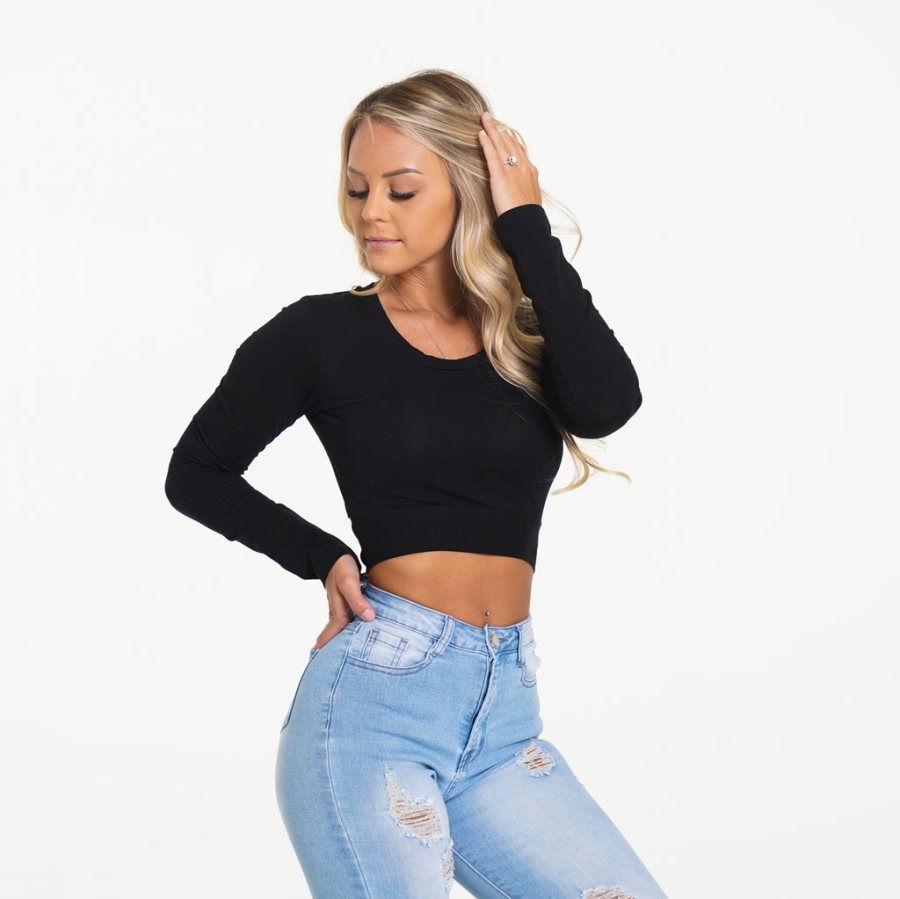 Tops NVGTN Wrap Around Long Sleeve Crop Mujer Negras España | qEnDdsPW